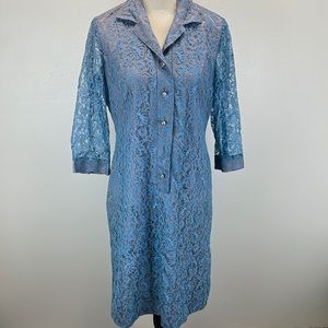 ⭐️Vintage Maureen Frocks blue silk lined lace a-line dress 6/8 Crystal buttons